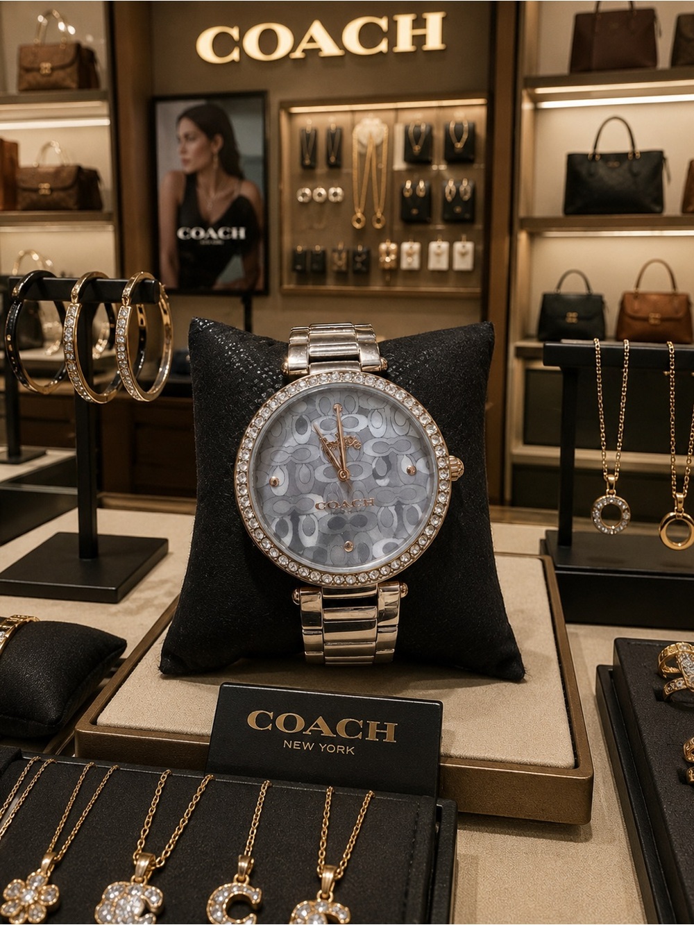 Coach Silver-Tone Crystal Bezel Signature Pattern Watch